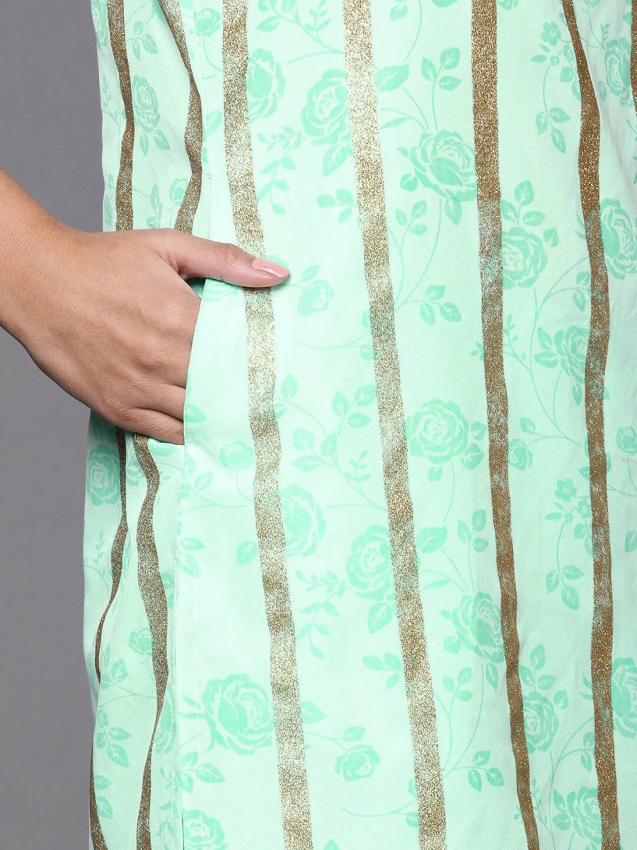 Ahalyaa Blue & Gold Floral Printed & Striped Straight Kurti with Sharara