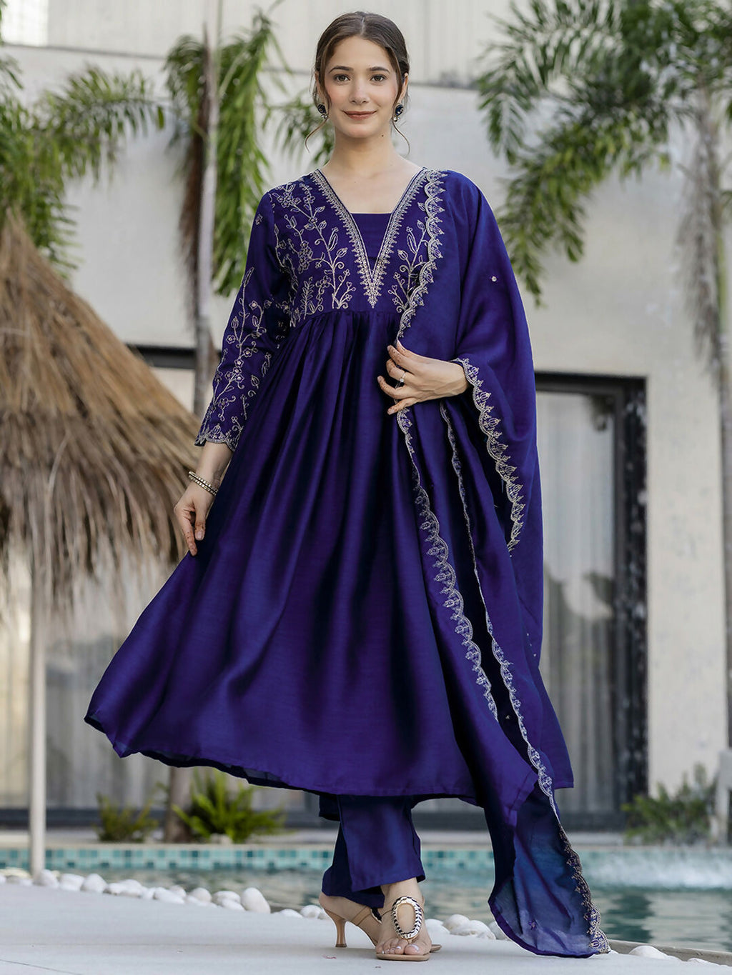 The52 Blue Women's Beautiful Embroidered Vichitra Silk Fabric with Flared Kurta, Pant and Dupatta Set