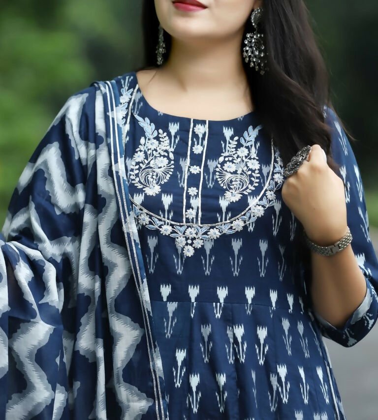 Alvano Anarkali Kurti with Pant and Dupatta set for Women and Girls Printed Cotton (Blue)