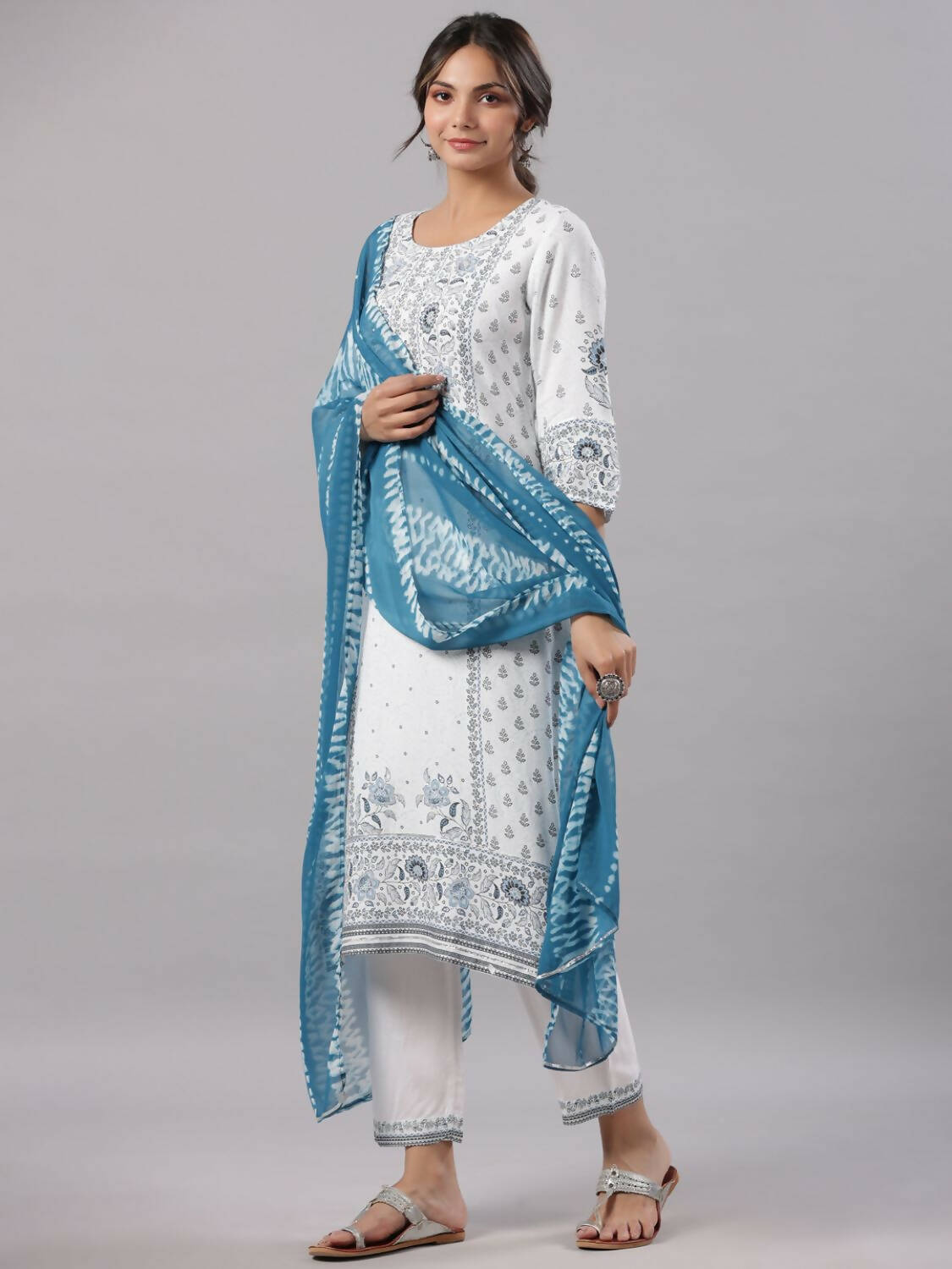 Juniper Women Sky-Blue Rayon Staple Kalamkari Printed Kurta, Pants and Dupatta Set