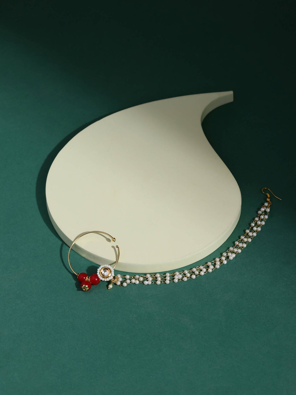 White Red Gold-Polished Kundan-Studded Beaded Nosepin - Ruby Raang