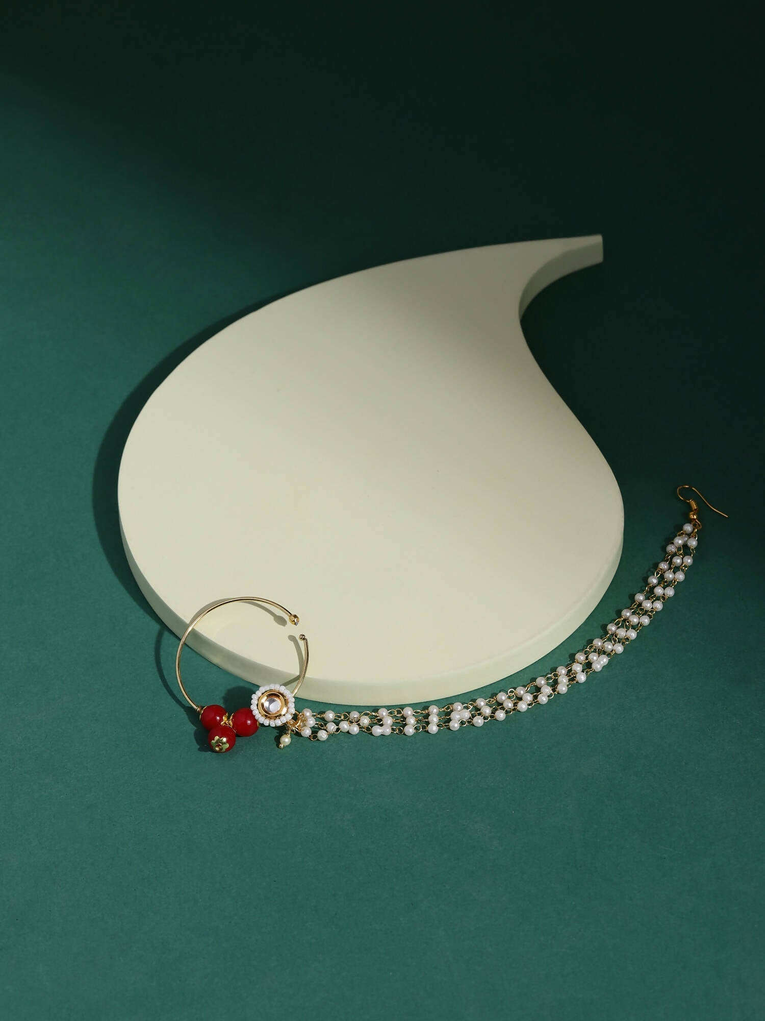 White Red Gold-Polished Kundan-Studded Beaded Nosepin - Ruby Raang