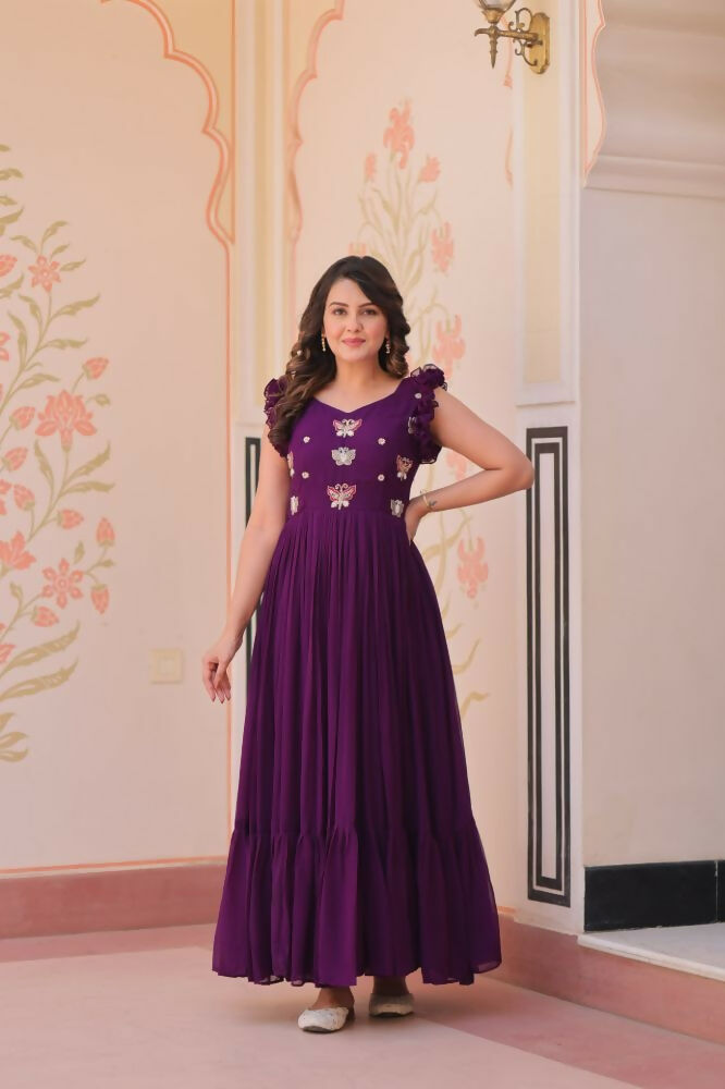 Vastranavya Purple Faux Blooming With Sequins Multithreaded Beads Embroidered work Gown