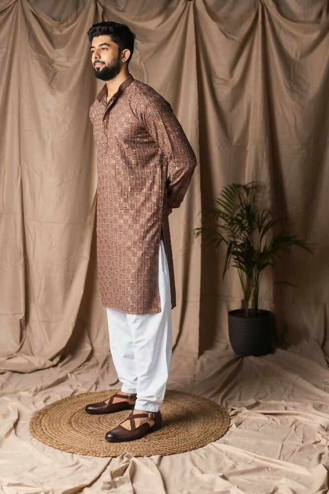 Brown Rayon Thread Embroidery Work Kurta Set - Mahotsav