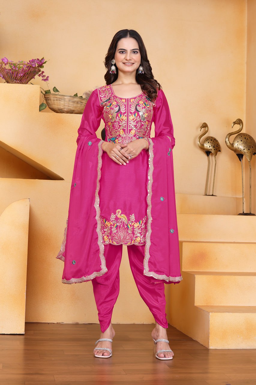 Prazu Fashion Pink Chinon Silk Embroidered Dhoti Style Suit