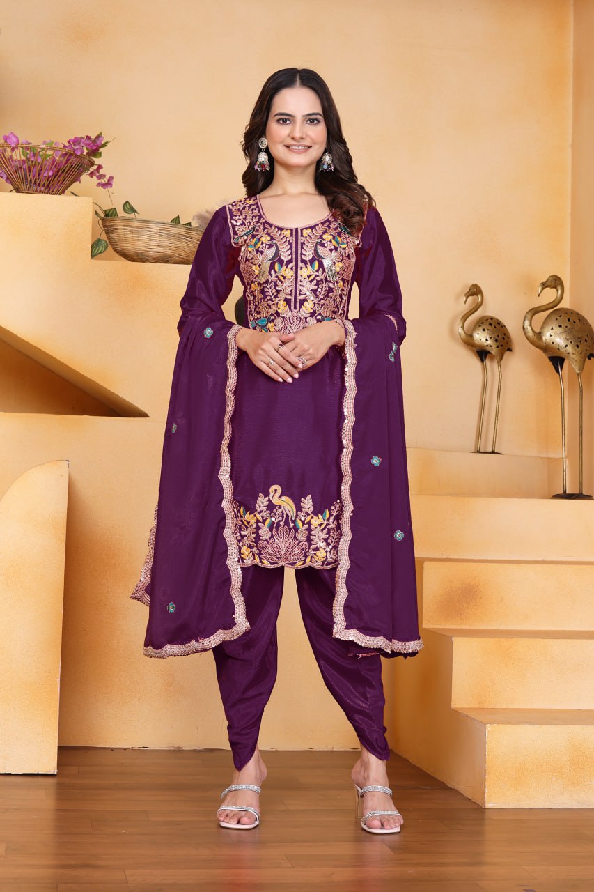 Prazu Fashion Wine Chinon Silk Embroidered Dhoti Style Suit