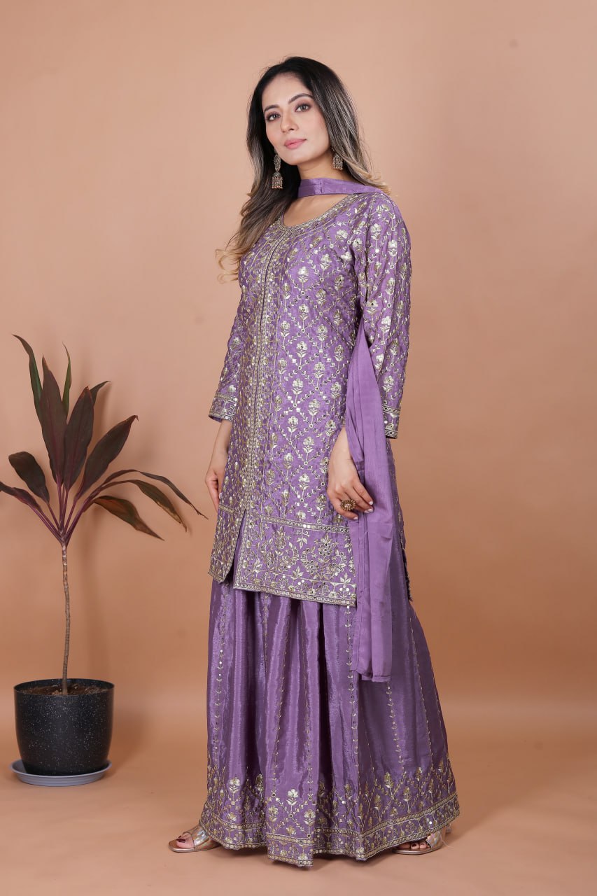 Prazu Fashion Lavender Chinon Silk Embroidered Sharara Suit