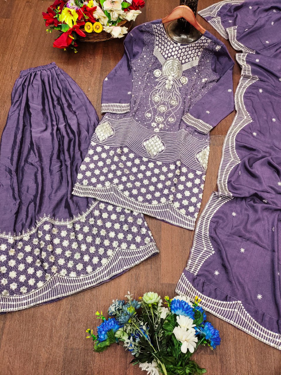Prazu Fashion Lavender Chinon Silk Embroidered Designer Sharara Suit