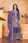 Prazu Fashion Lavender Chinon Silk Embroidered Designer Sharara Suit