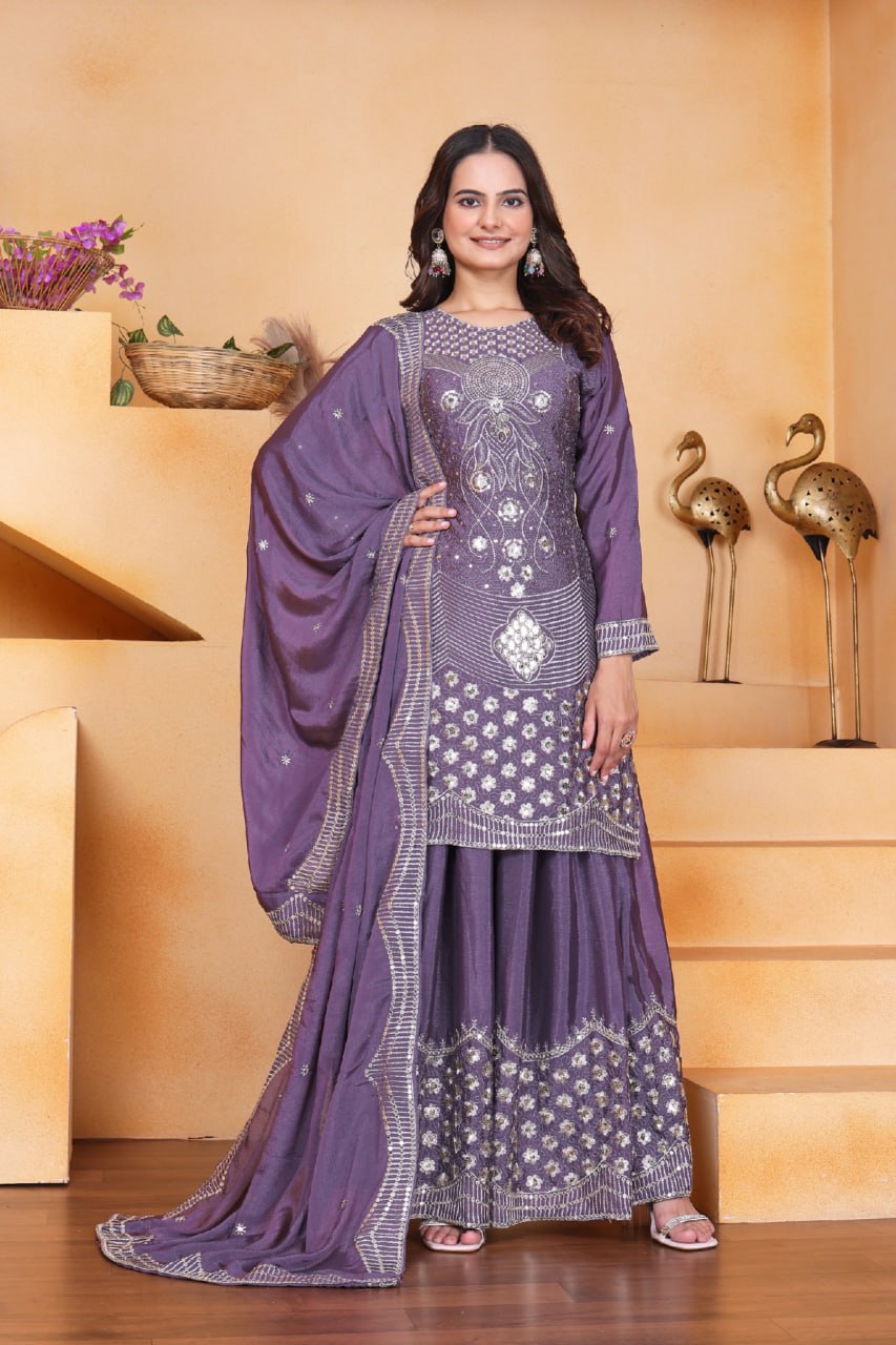Prazu Fashion Lavender Chinon Silk Embroidered Designer Sharara Suit