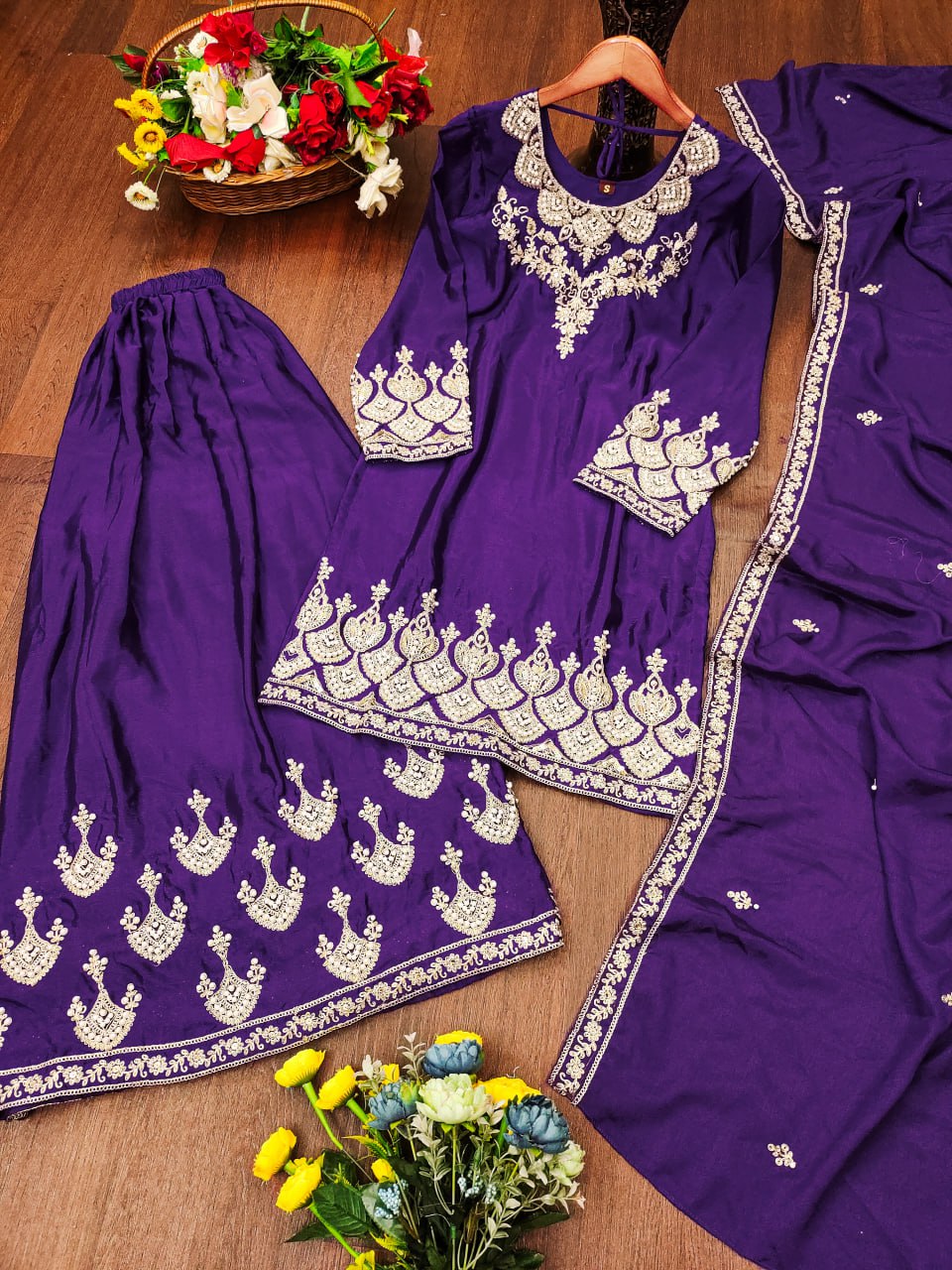 Prazu Fashion Violet Chinon Silk Embroidered Rivet Moti Work Sharara Suit