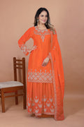 Prazu Fashion Orange Chinon Silk Embroidered Designer Sharara Suit