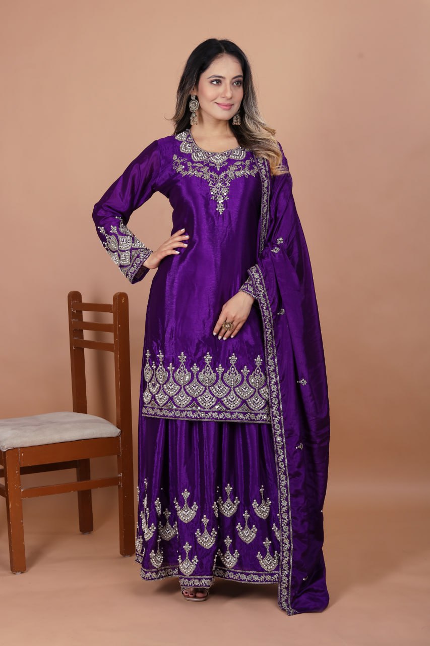 Prazu Fashion Violet Chinon Silk Embroidered Designer Sharara Suit