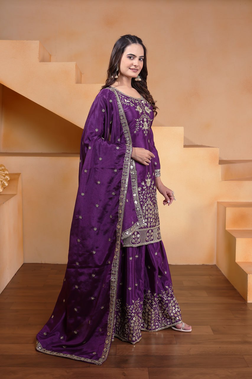 Lehenga Mart Premium Readymade Top Sharara With Dupatta Set For Women-Purple