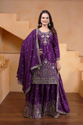 Prazu Fashion Violet Chinon Silk Embroidered Designer Sharara Suit