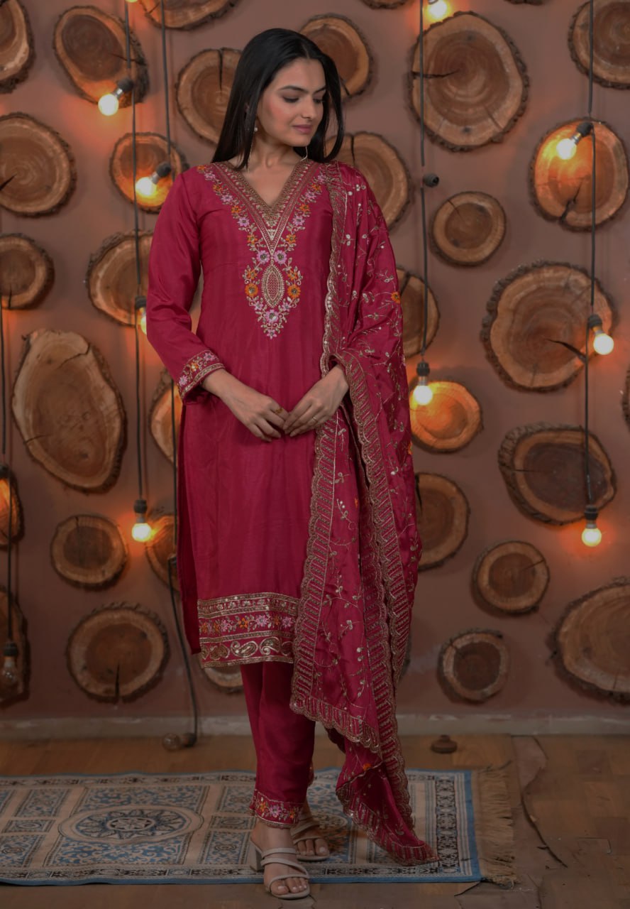 Lehenga Mart Designer Ready To Wear Kurta Pant With Dupatta For Women-Rani Pink