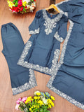 Prazu Fashion Dark Sky Blue Crepe Silk Embroidered Palazzo Suit