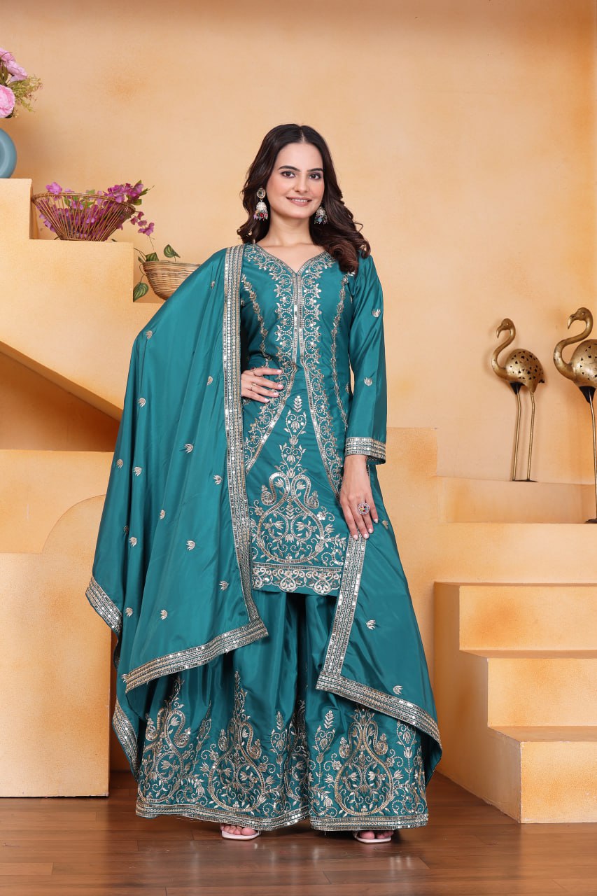 Lehenga Mart Premium Readymade Top Sharara With Dupatta Set For Women-Rama Green
