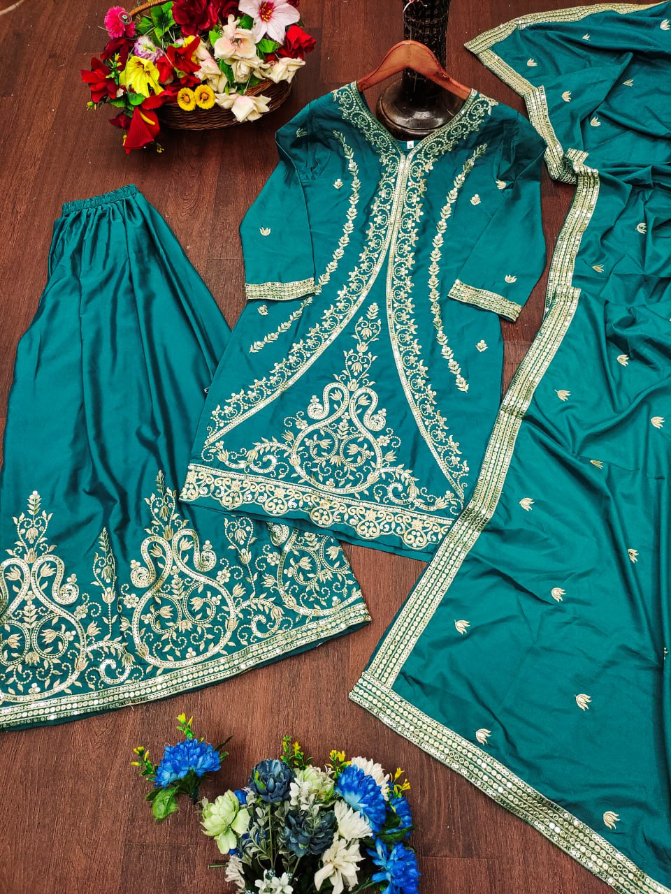 Prazu Fashion Rama Green Crepe Silk Embroidered Sharara Suit