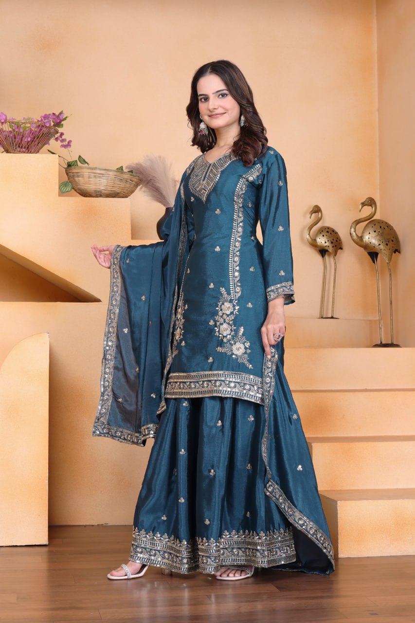 Lehenga Mart Premium Readymade Top Sharara With Dupatta Set For Women-Teal Blue