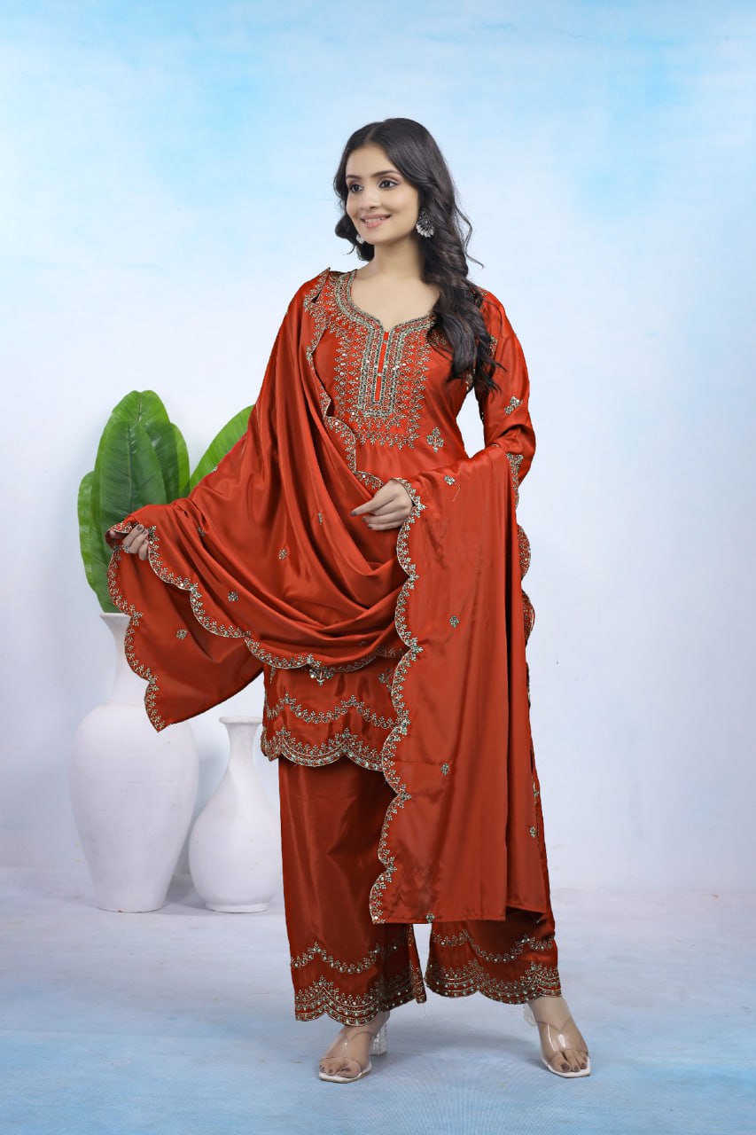 Lehenga Mart Designer Ready To Wear Kurta Pant With Dupatta For Women-Rust Orange