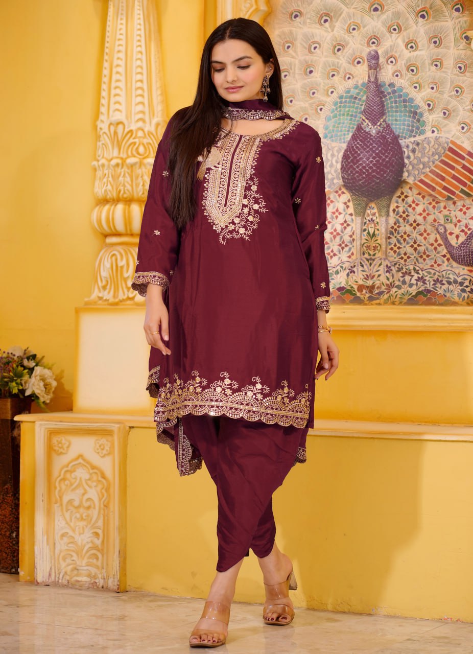 Teeya Creation Maroon Color Chinnon Silk Heavy Embroidery Work Fully Stitched Dhoti Suit