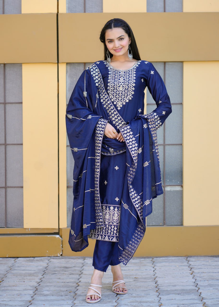 Teeya Creation Blue Color Chinnon Silk Heavy Embroidery Work Fully Stitched Salwar Suit