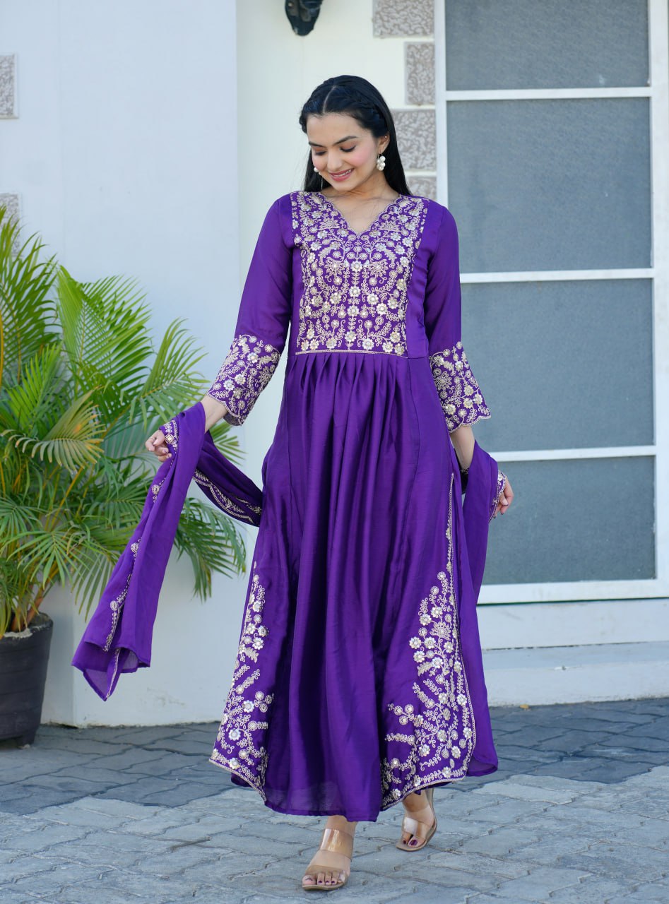 Teeya Creation Purple Color Chinnon Silk Heavy Embroidery Work Fully Stitched Salwar Suit