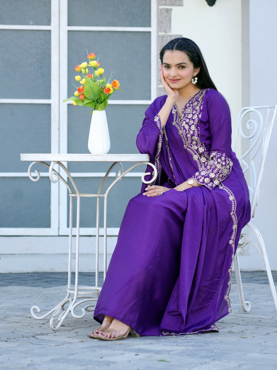 Teeya Creation Purple Color Chinnon Silk Heavy Embroidery Work Fully Stitched Salwar Suit