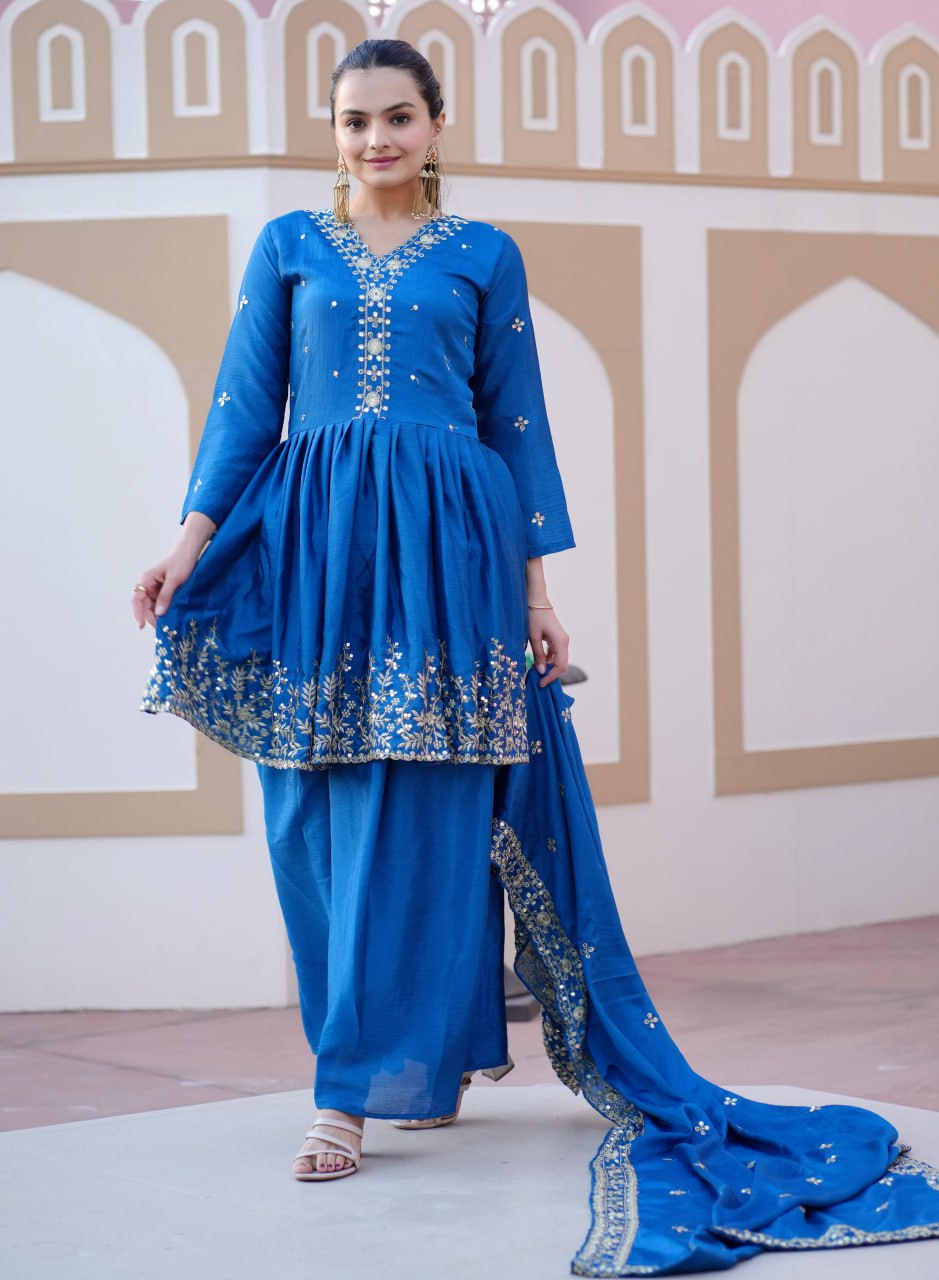 Teeya Creation Blue Color Chinnon Silk Heavy Embroidery Work Fully Stitched Salwar Suit