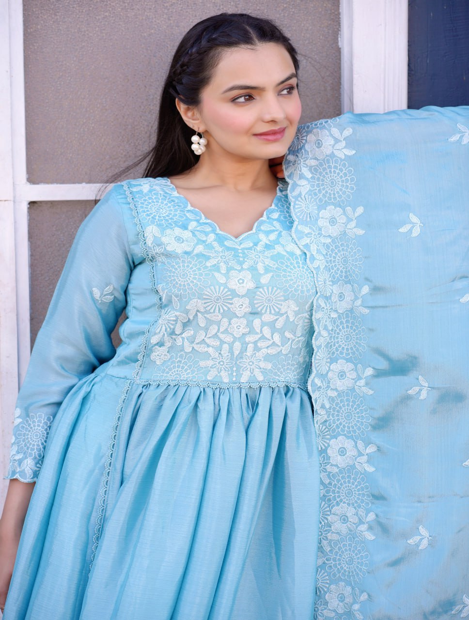 Teeya Creation Sky Blue Color Chinnon Silk Heavy Embroidery Work Fully Stitched Salwar Suit