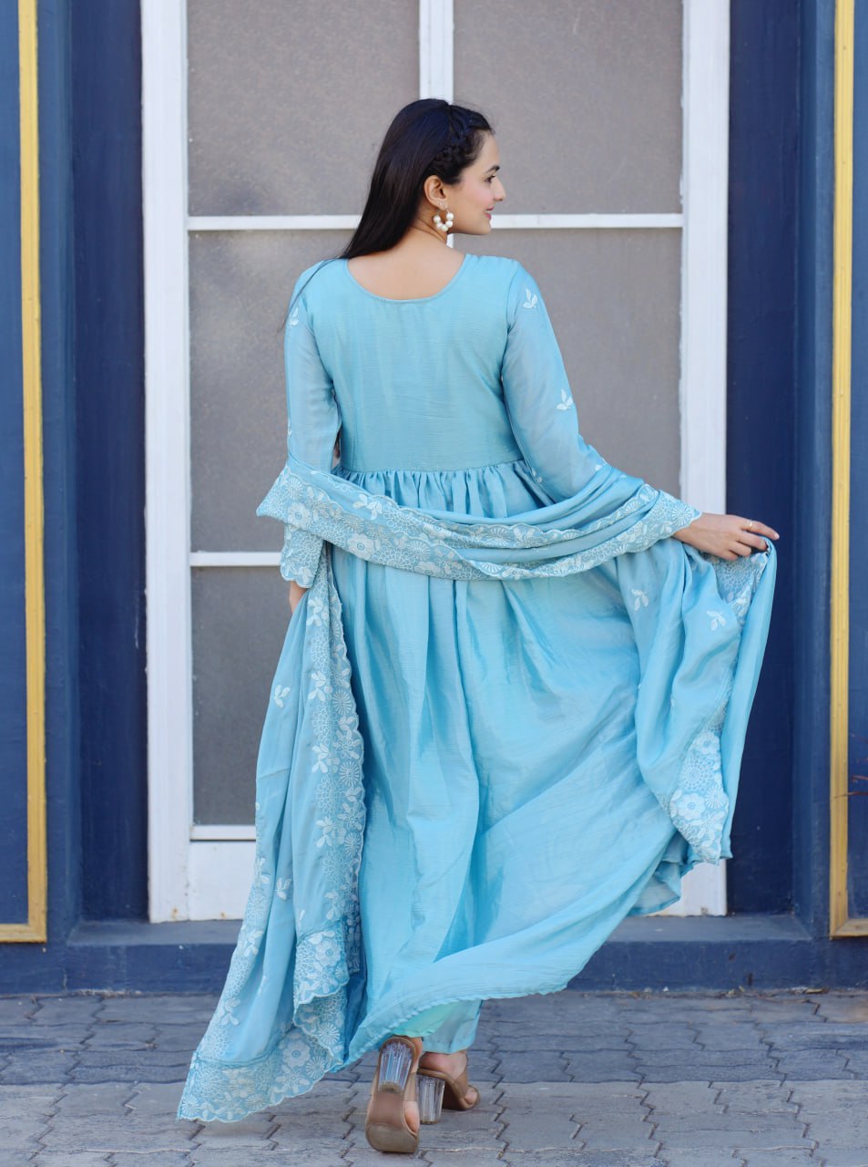 Teeya Creation Sky Blue Color Chinnon Silk Heavy Embroidery Work Fully Stitched Salwar Suit