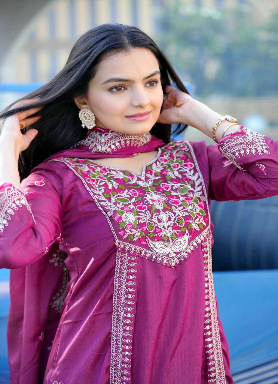 Teeya Creation Wine Color Chinnon Silk Heavy Embroidery Work Fully Stitched Salwar Suit