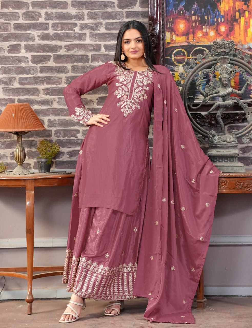 Teeya Creation Rosewood Color Chinnon Silk Heavy Embroidery Work Fully Stitched Sharara Suit