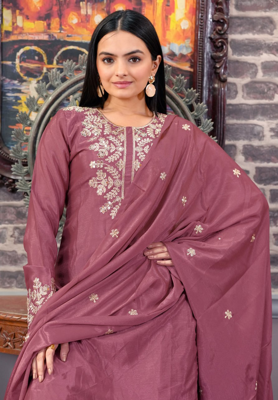 Teeya Creation Rosewood Color Chinnon Silk Heavy Embroidery Work Fully Stitched Sharara Suit