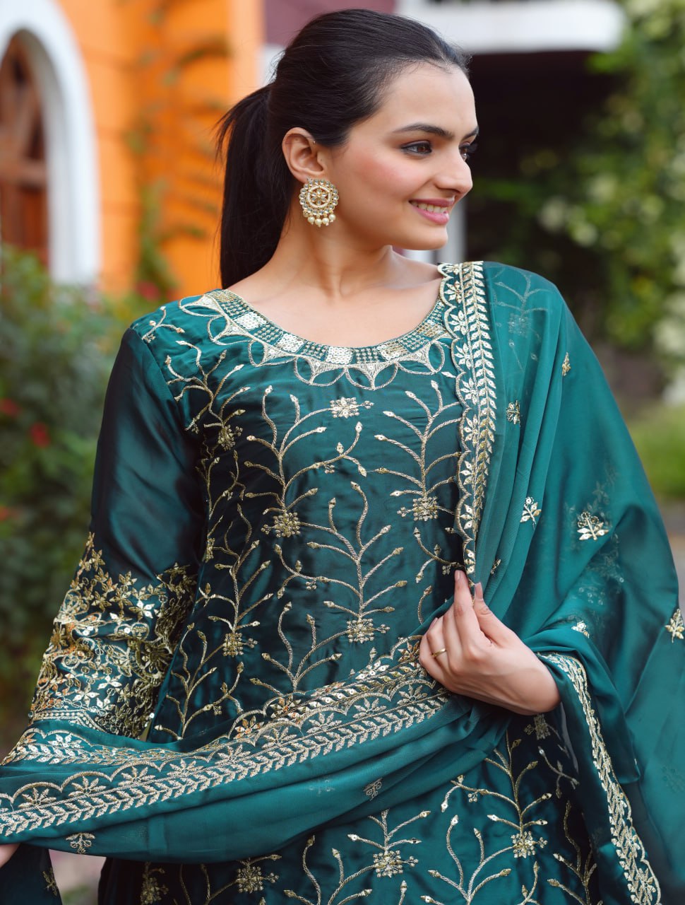 Teeya Creation Dark Teal Color Rangoli Silk Heavy Embroidery Work Fully Stitched Suit