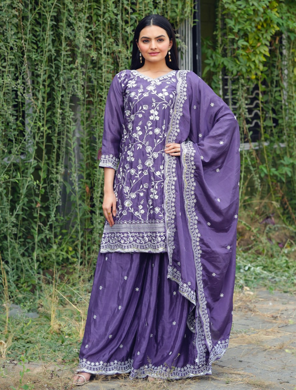 Teeya Creation Lavender Color Chinnon Silk Heavy Embroidery Work Fully Stitched Sharara Suit