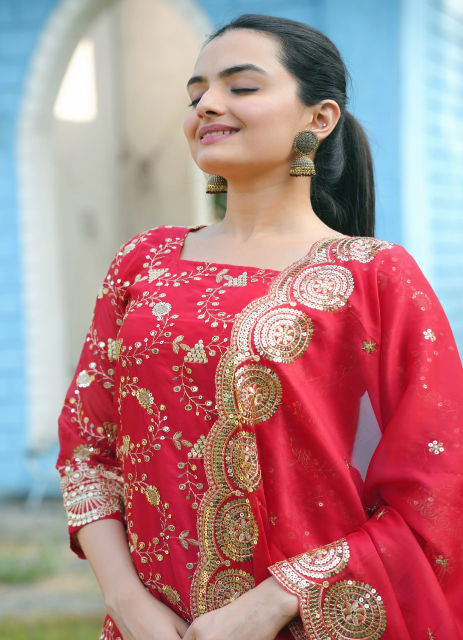 Teeya Creation Red Color Rangoli Silk Heavy Embroidery Work Fully Stitched Suit