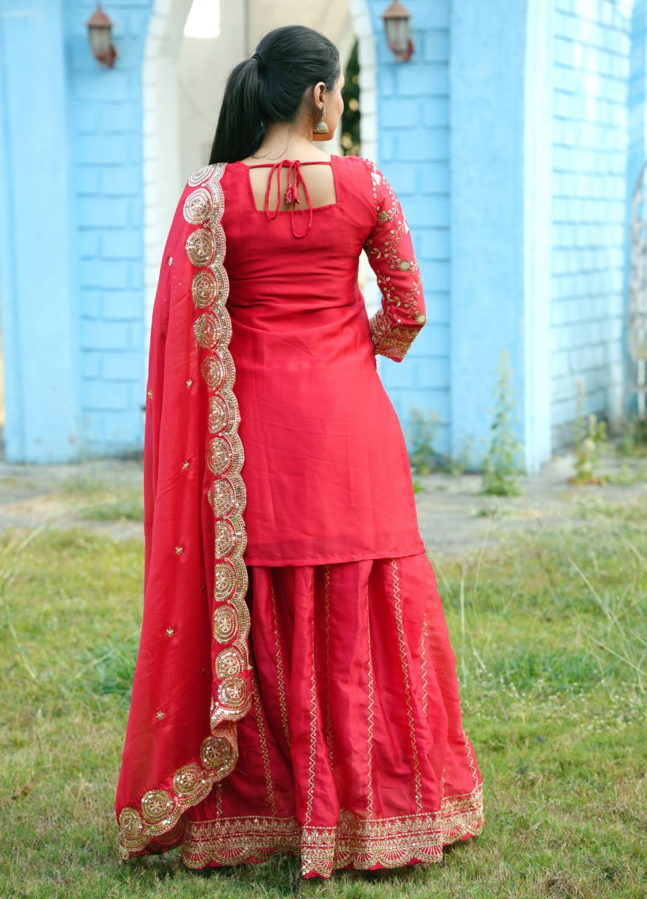 Teeya Creation Red Color Rangoli Silk Heavy Embroidery Work Fully Stitched Suit