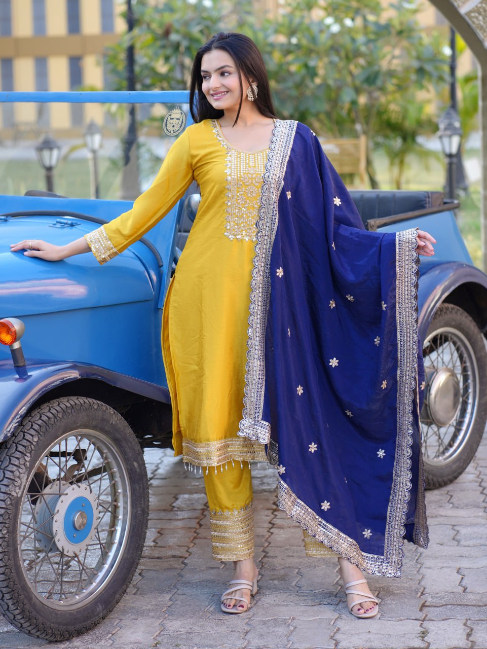 Teeya Creation Yellow Color Chinnon Silk Heavy Embroidery Work Fully Stitched Salwar Suit