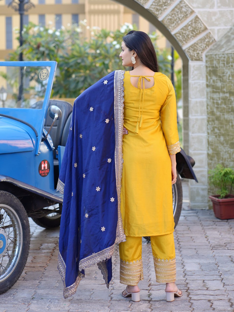 Teeya Creation Yellow Color Chinnon Silk Heavy Embroidery Work Fully Stitched Salwar Suit