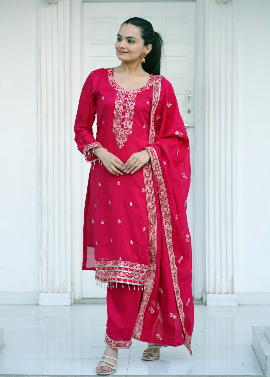 Teeya Creation Rani Color Vichitra Silk Heavy Embroidery Work Fully Stitched Salwar Suit