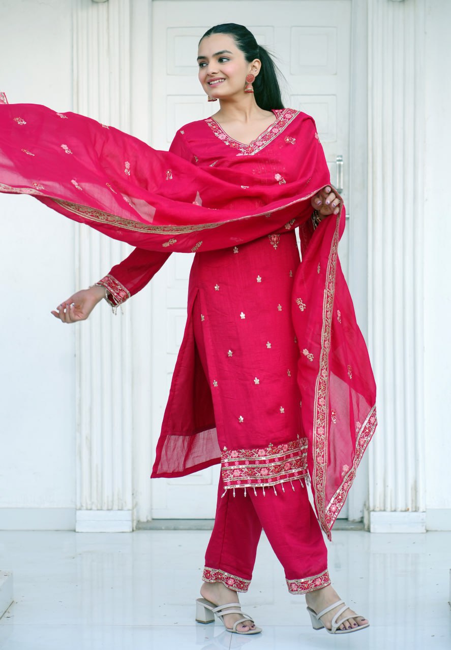 Teeya Creation Rani Color Vichitra Silk Heavy Embroidery Work Fully Stitched Salwar Suit