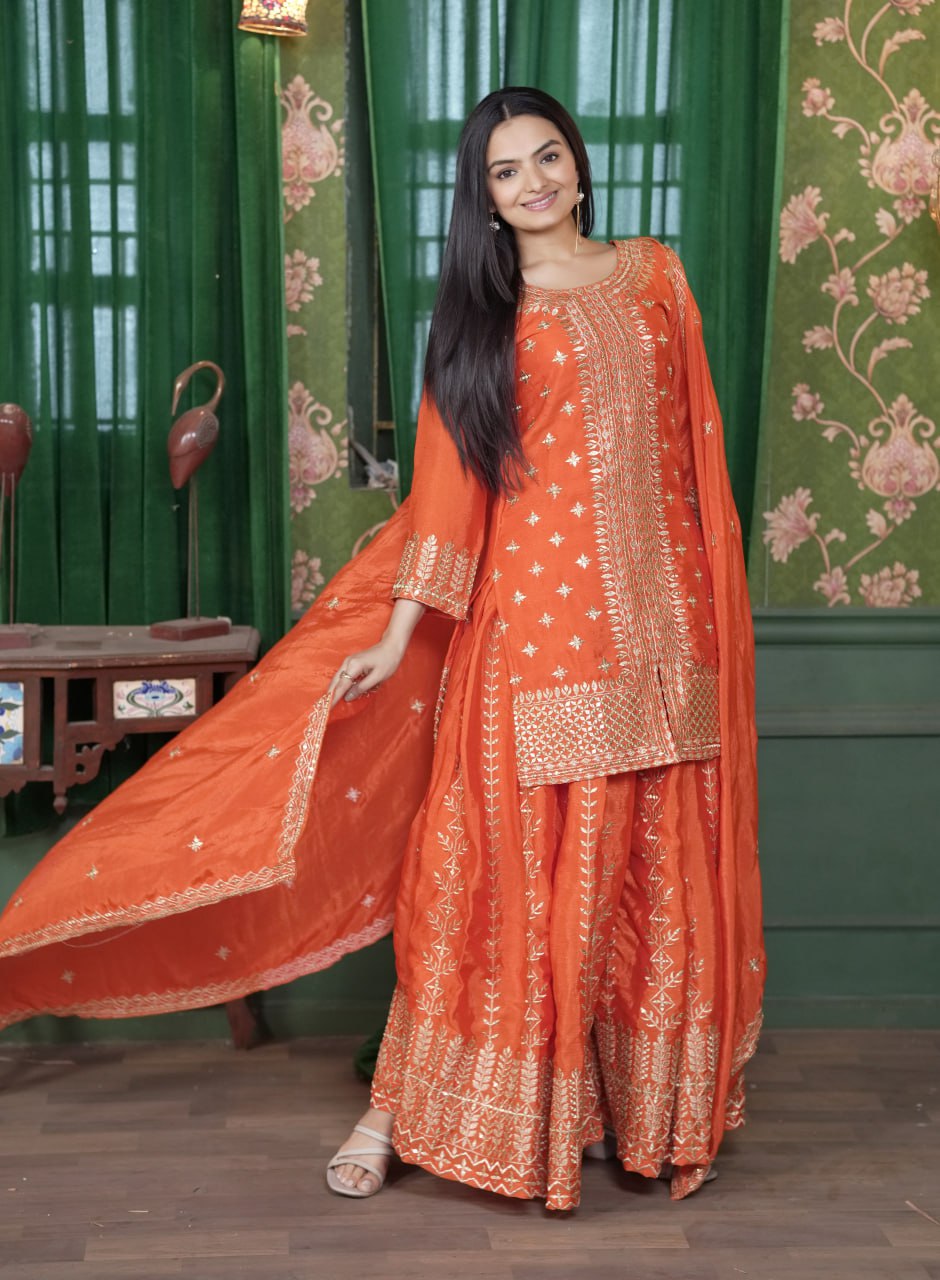Teeya Creation Orange Color Chinnon Silk Heavy Embroidery Work Fully Stitched Sharara Suit