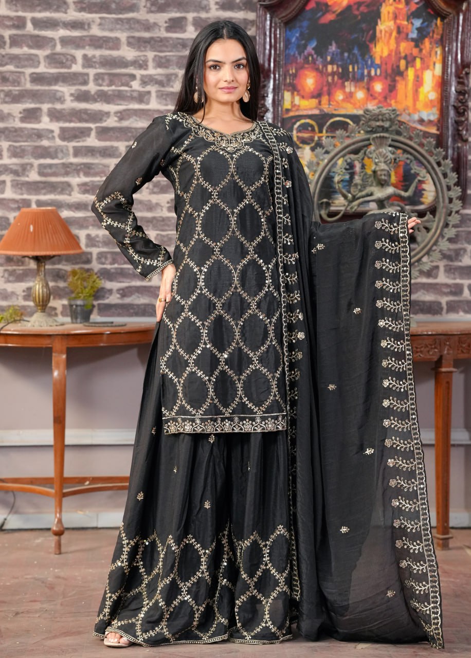 Teeya Creation Black Color Chinnon Silk Heavy Embroidery Work Fully Stitched Sharara Suit