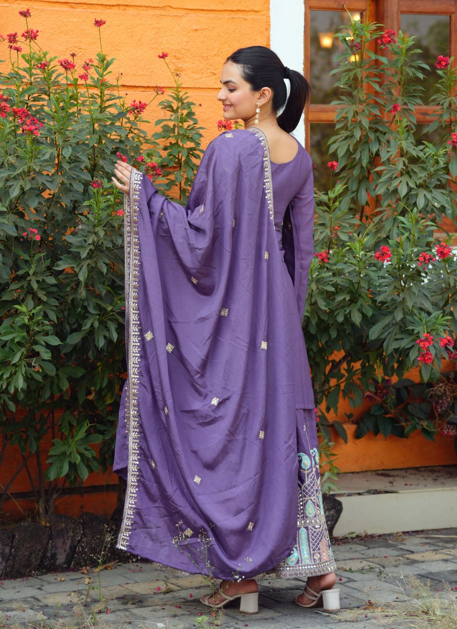 Teeya Creation Dark Lavender Color Chinnon Silk Heavy Embroidery Work Fully Stitched Sharara Suit