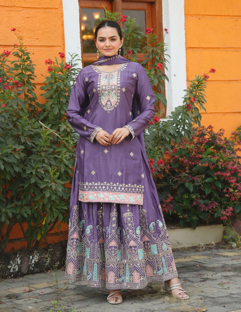 Teeya Creation Dark Lavender Color Chinnon Silk Heavy Embroidery Work Fully Stitched Sharara Suit