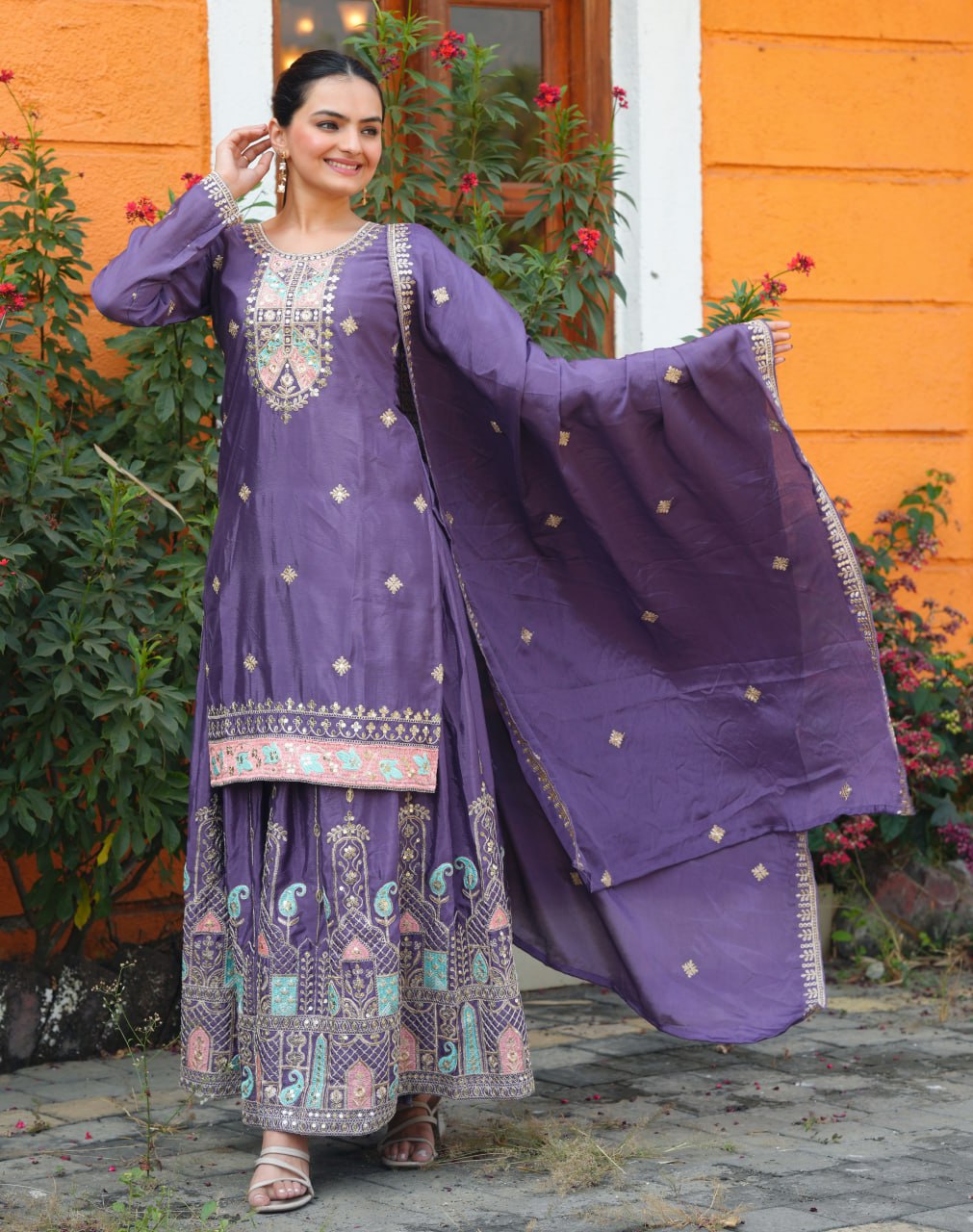Teeya Creation Dark Lavender Color Chinnon Silk Heavy Embroidery Work Fully Stitched Sharara Suit