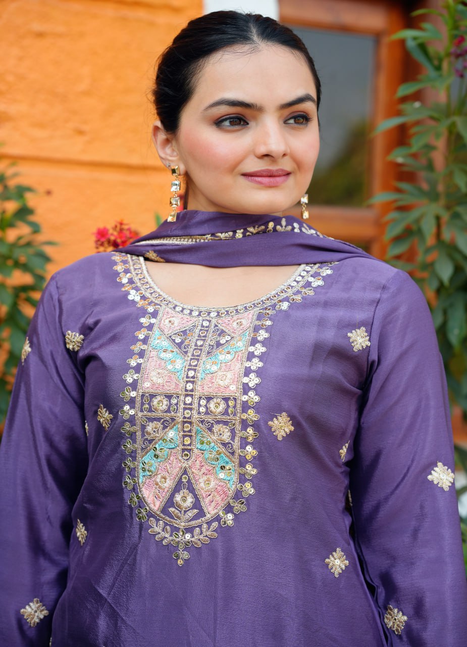 Teeya Creation Dark Lavender Color Chinnon Silk Heavy Embroidery Work Fully Stitched Sharara Suit
