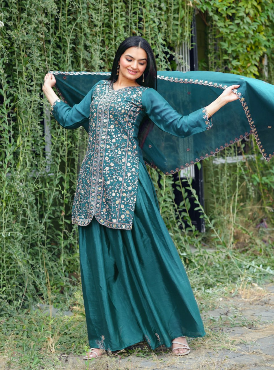 Prazu Fashion Morpich Chinon Silk Embroidered Sharara Suit